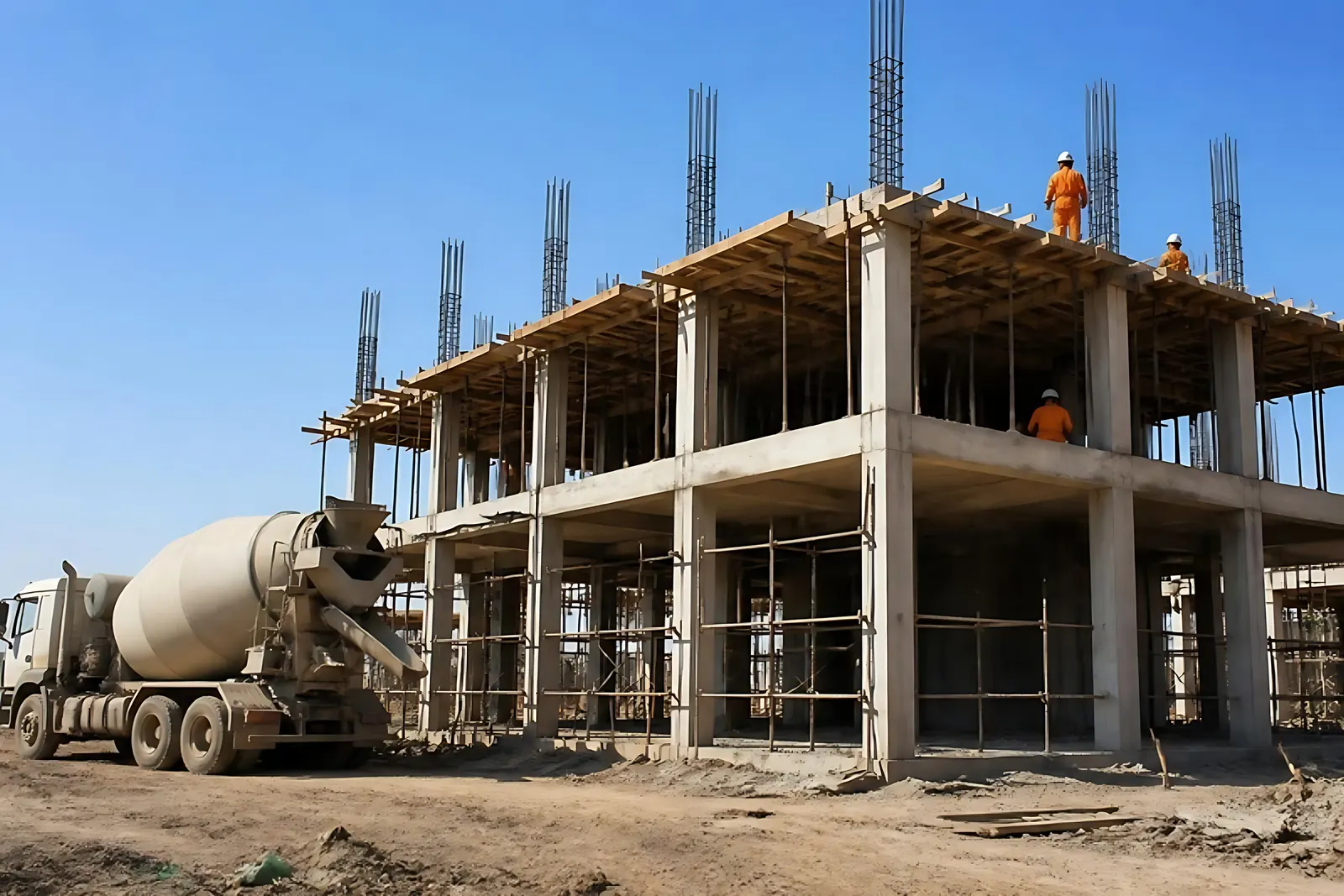 A reinforced concrete building frame under construction with a mixer truck