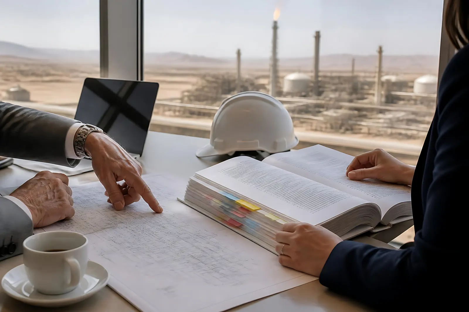 Two people reviewing engineering drawings and a regulatory binder beside a hard hat