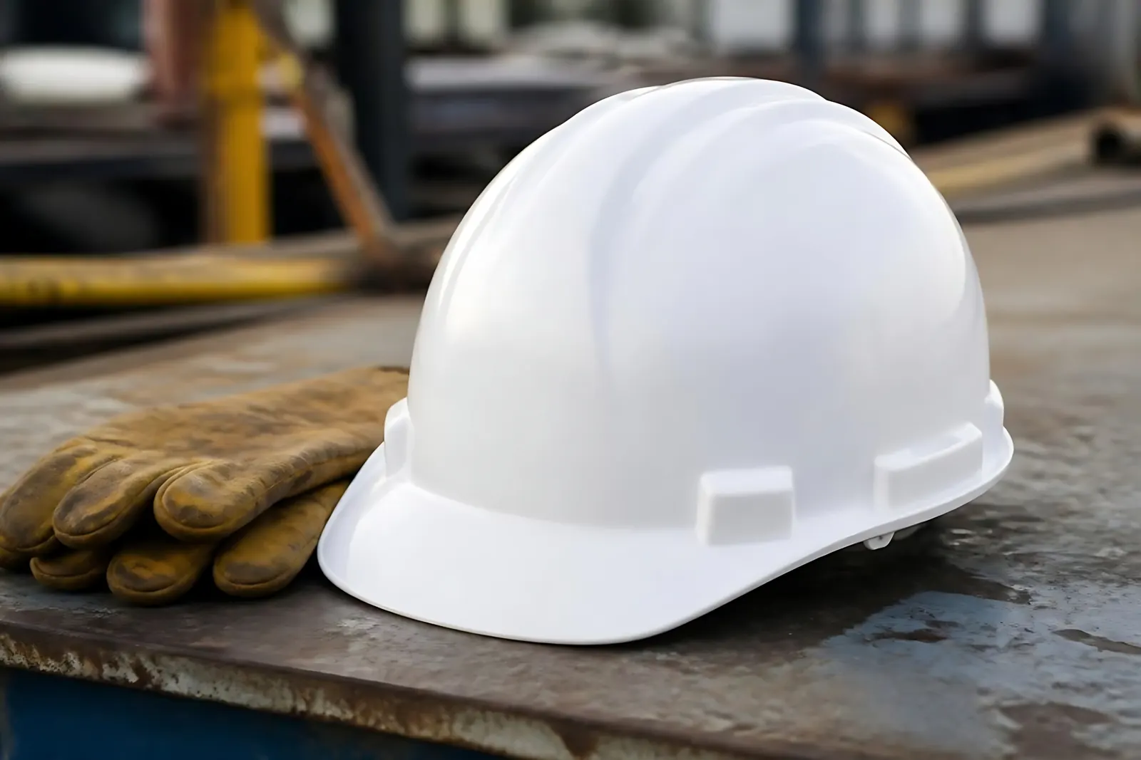 A white hard hat and work gloves on a steel surface