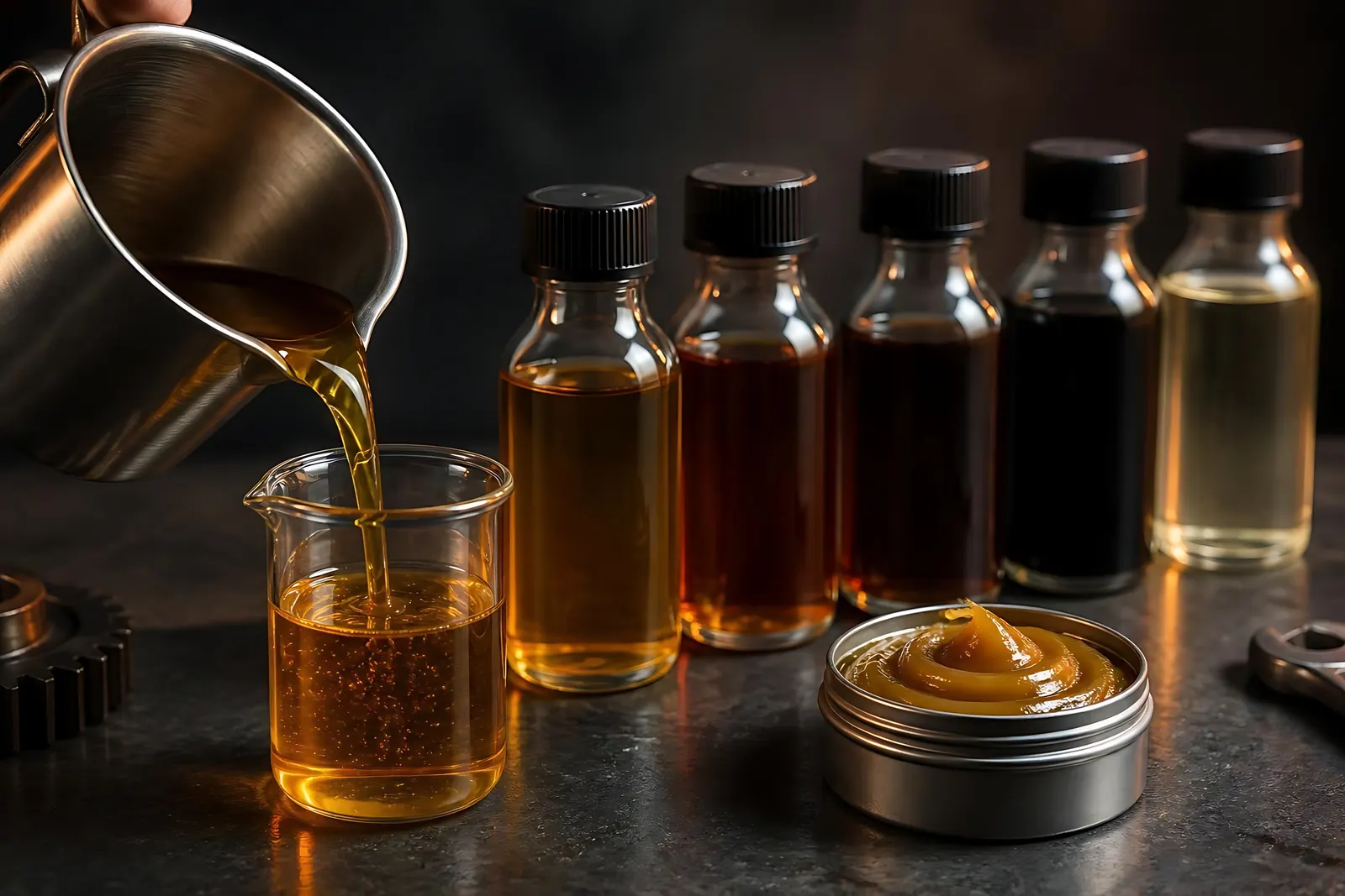 Lubricant samples in glass bottles and a tin of grease