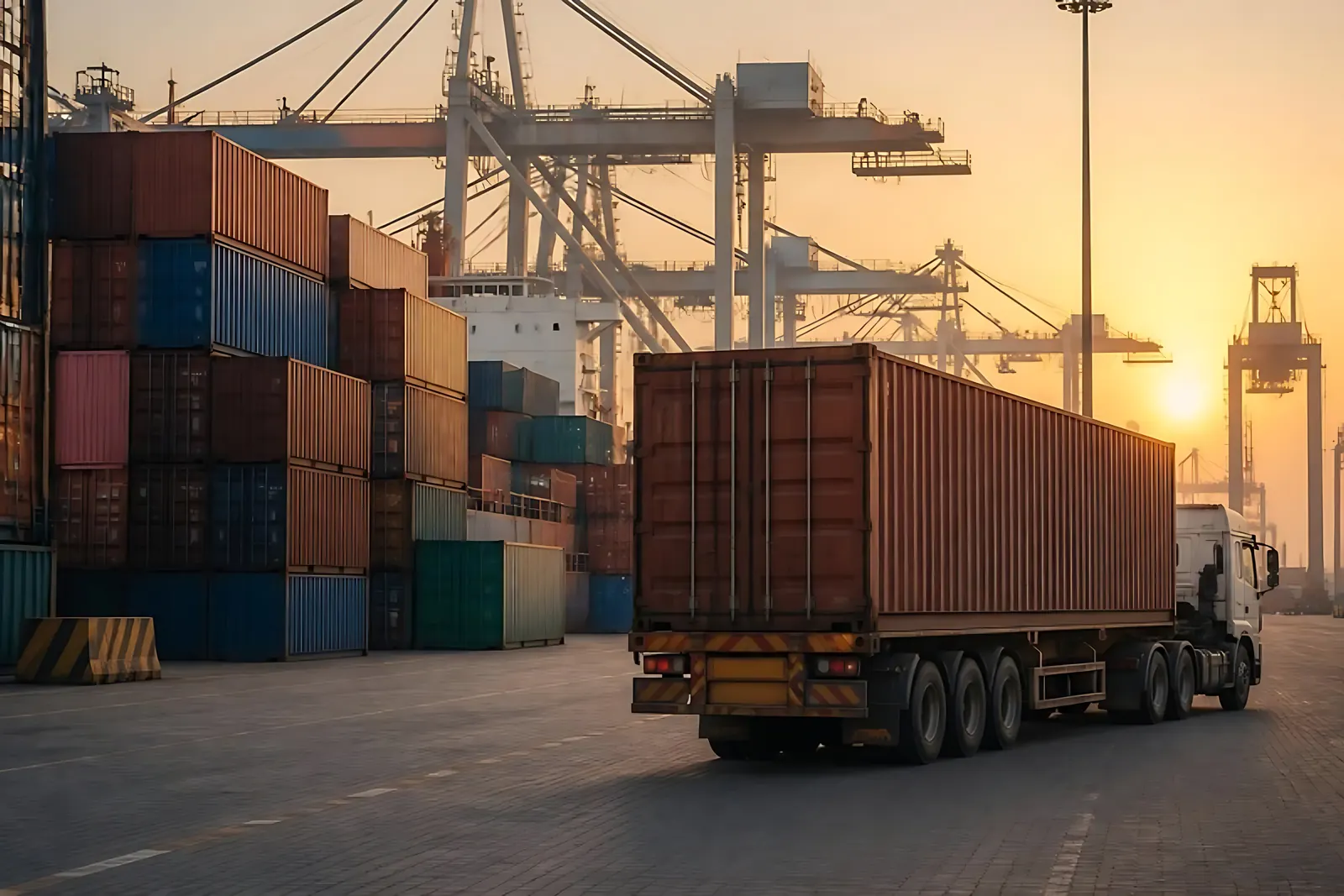 A truck carrying a shipping container at a port at sunset