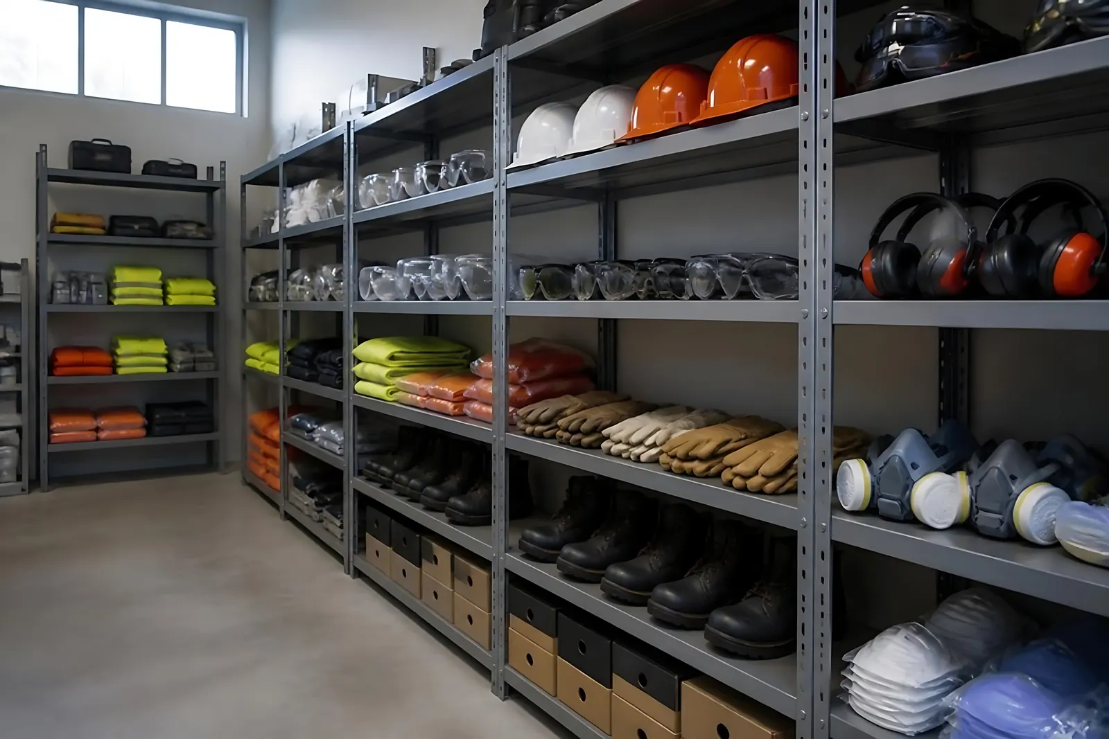 Shelves of hard hats, high-visibility wear, gloves and safety boots