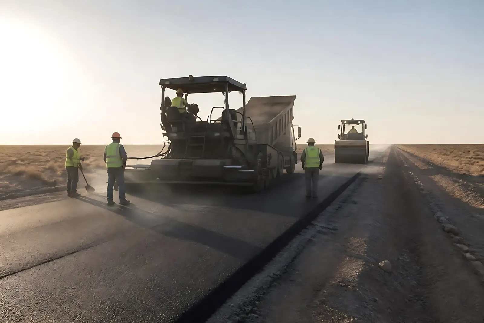An asphalt paver and road crew laying a new road in the desert