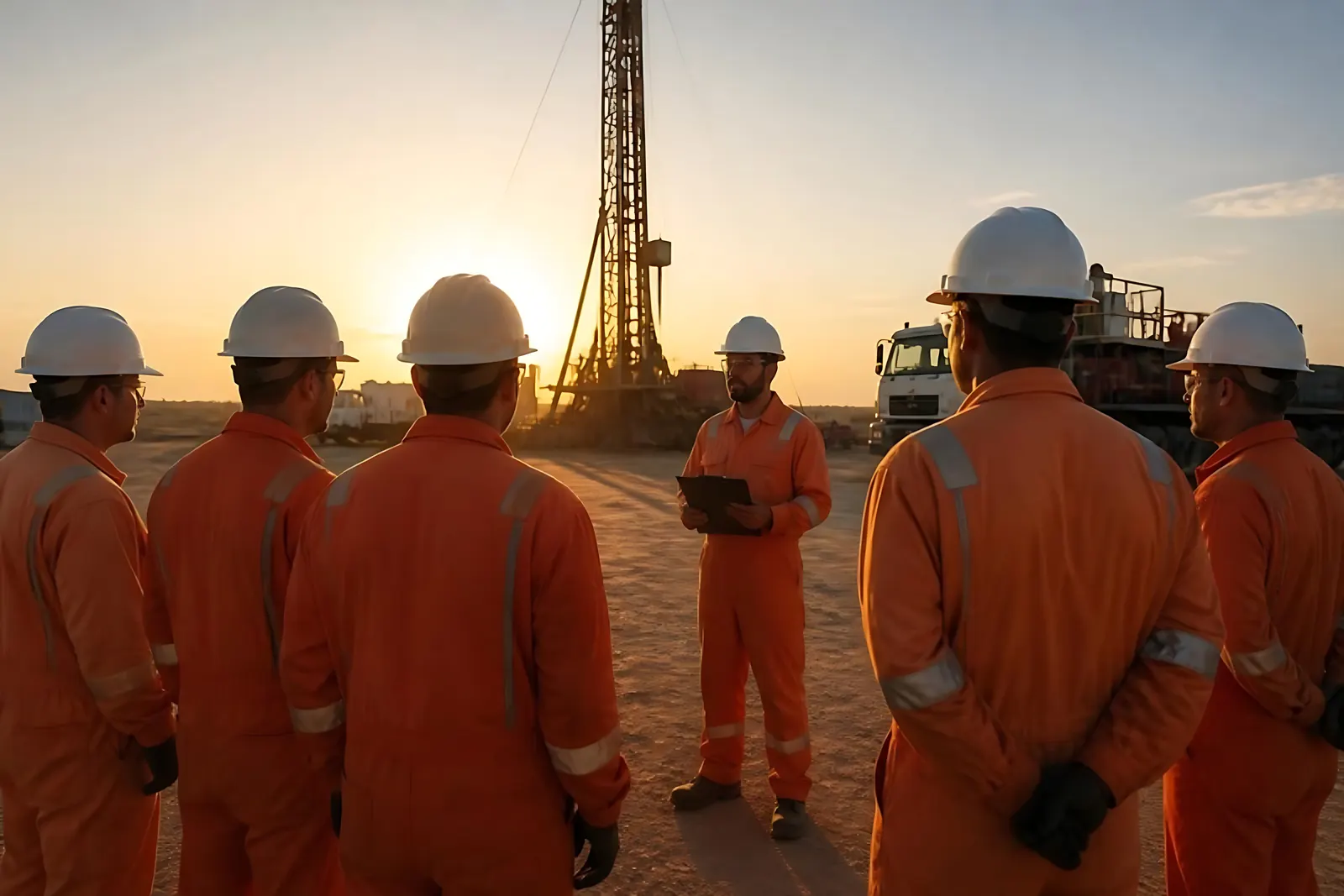 A crew in orange coveralls and hard hats at a safety briefing on a drilling site (illustrative)