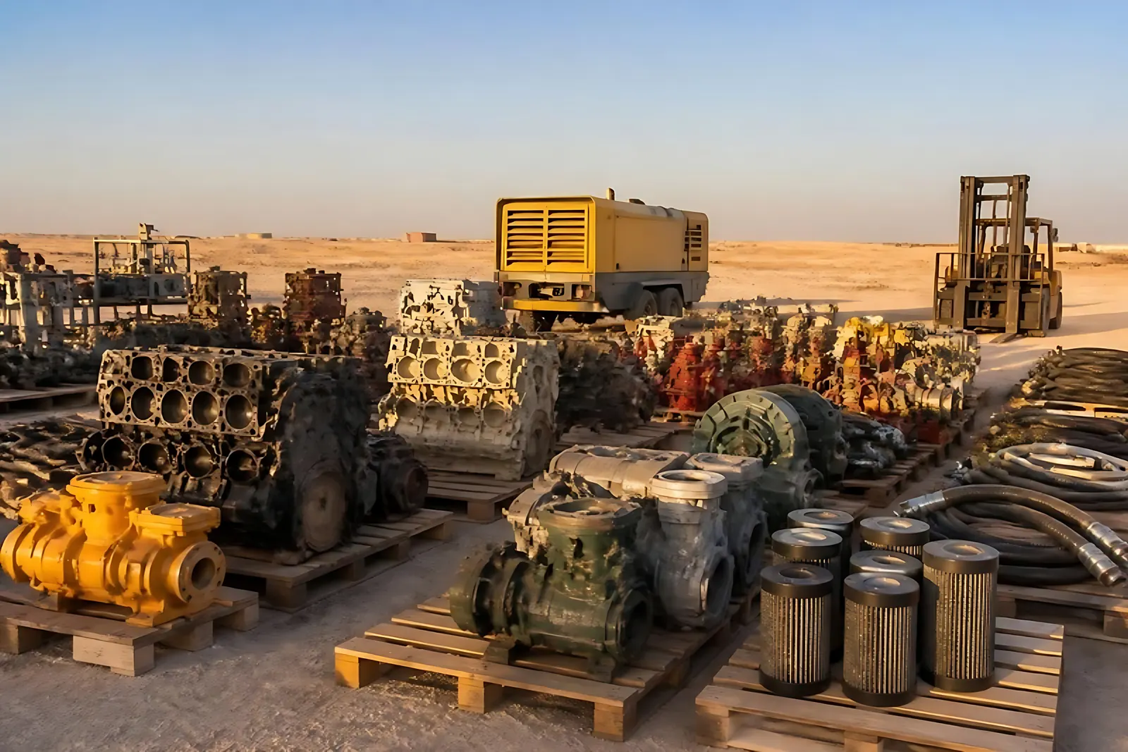 Engines, pumps and spare parts on pallets
