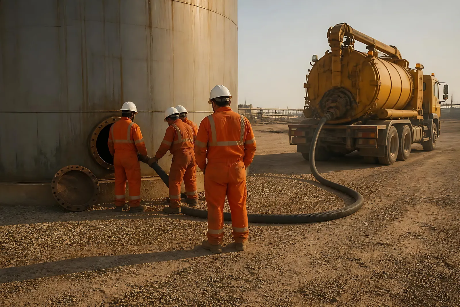 A crew in orange coveralls connecting a vacuum truck hose at a storage tank